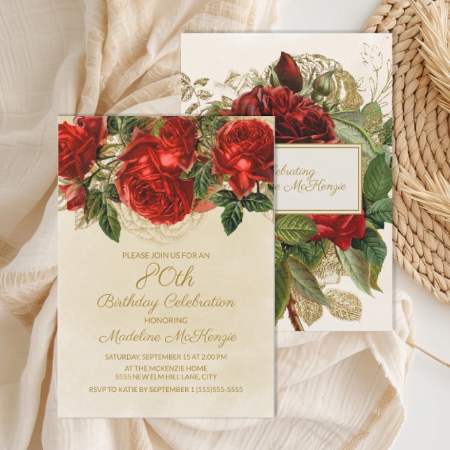 Elegant Vintage Red Roses 80th Birthday Invitation (Elegant red roses on cream 80th birthday invitation)