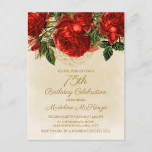 Elegant Vintage Red Roses Champagne 75th Birthday Postcard