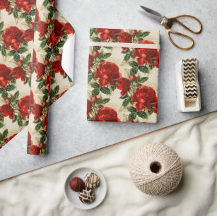 Elegant Vintage Red Roses Tan  Wrapping Paper