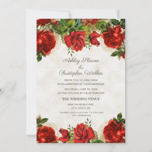 Elegant Vintage Red Roses Wedding Invitation