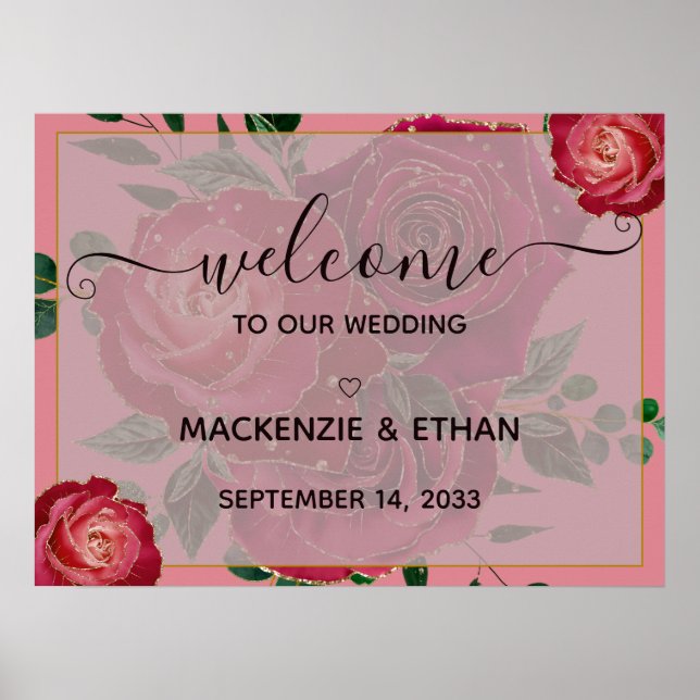 Elegant Vintage Red Roses Wedding Welcome Sign (Front)