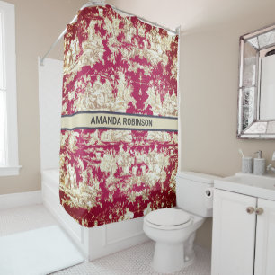 Elegant Vintage Red Toile de Jouy Lake Monogram Shower Curtain