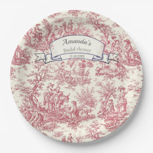 Elegant vintage red toile de jouy monogram paper plate