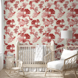 Elegant Vintage Red Toile Deer Fox Woodland  Wallpaper