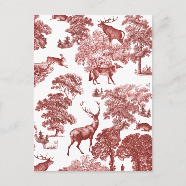 Elegant Vintage Red Toile Deer Fox Woods Postcard (Front)