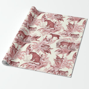 Elegant Vintage Red Toile Wild Cats Jungle Wrapping Paper