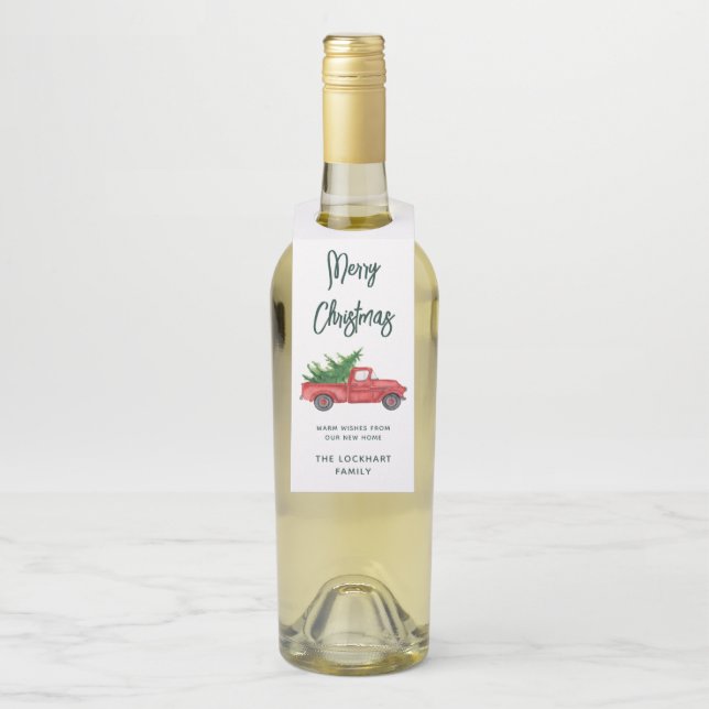 Elegant Vintage Red Truck Christmas Party Bottle Tag (On Bottle)