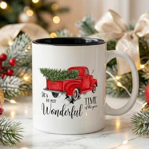 Elegant Vintage Red Truck Script Christmas Tree Two-Tone Coffee Mug