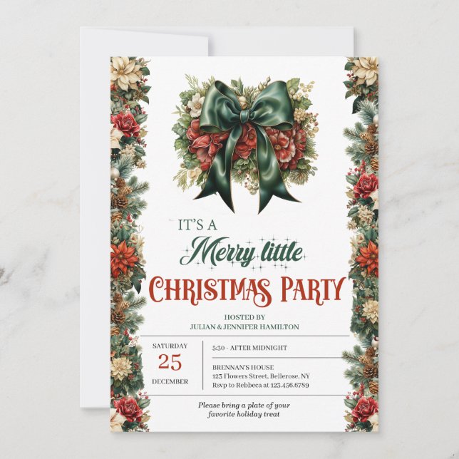 Elegant vintage retro classic green ribbon bow invitation (Front)