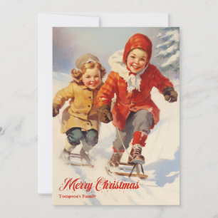 Elegant vintage retro classic kids with sleigh holiday card