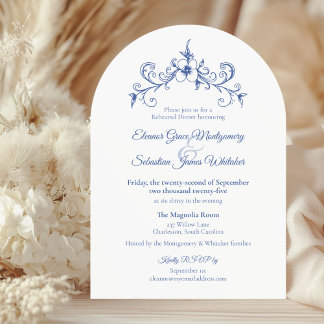 Elegant Vintage Romance Blue Wedding Rehearsal Invitation