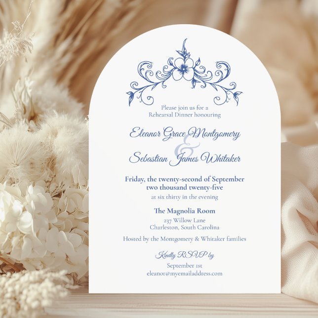 Elegant Vintage Romance Blue Wedding Rehearsal Invitation (Creator Uploaded)