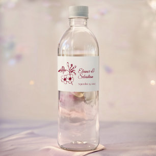 Elegant Vintage Romance Burgundy Floral Wedding Water Bottle Label
