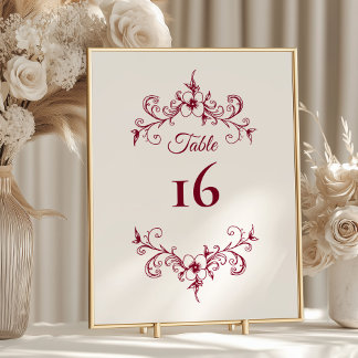 Elegant Vintage Romance Burgundy Table Number