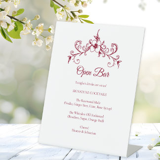 Elegant Vintage Romance Burgundy Wedding Open Bar Pedestal Sign
