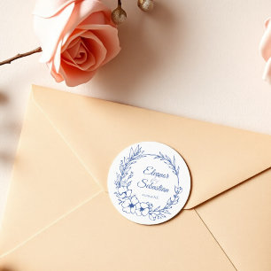 Elegant Vintage Romance Dusty Blue Floral Wedding Classic Round Sticker