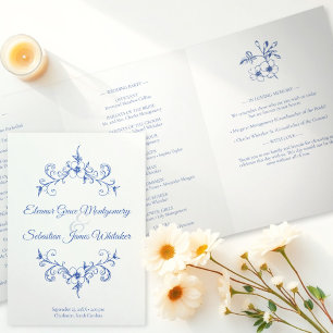 Elegant Vintage Romance Dusty Blue Floral Wedding Tri-Fold Programme