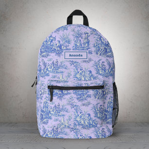 Elegant Vintage Romantic Blue Purple Toile de Jouy Printed Backpack