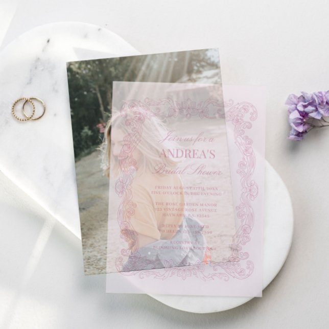 Elegant Vintage Romantic Pink Bridal Shower Vellum Invitations (Elegant Vintage Romantic Pink Bridal Shower Vellum Invitations)