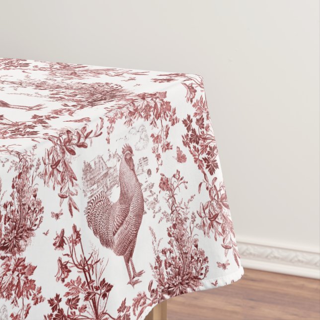 Elegant Vintage Rooster Red Floral Toile  Tablecloth (In Situ)