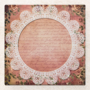 Elegant Vintage Rose and Lace Glass Coaster