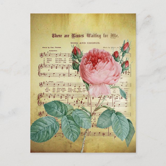 Elegant Vintage Rose Antique Sheet Music Notes Postcard (Front)