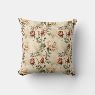 Elegant Vintage Rose Flower Beige Floral Design Cushion