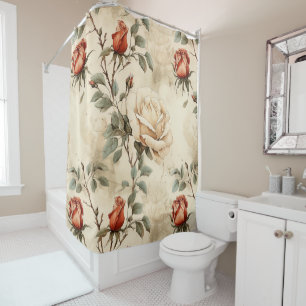 Elegant Vintage Rose Flower Beige Floral Design Shower Curtain