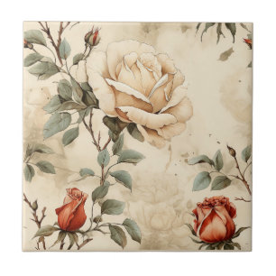 Elegant Vintage Rose Flower Beige Floral Tile
