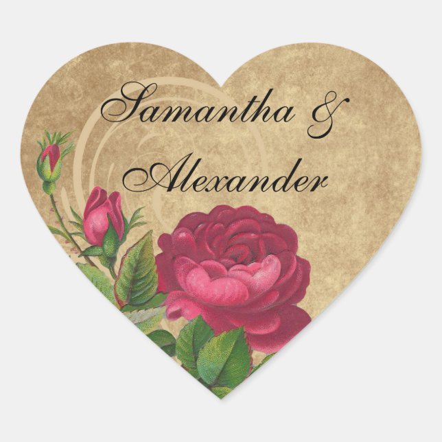 Elegant Vintage Rose, Magenta/Brown Heart Sticker (Front)