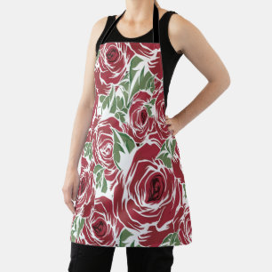 Elegant Vintage Rose Pattern - Red & Green Floral Apron