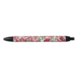 Elegant Vintage Rose Pattern - Red & Green Floral  Black Ink Pen