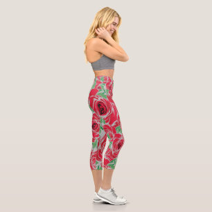 Elegant Vintage Rose Pattern - Red & Green Floral  Capri Leggings
