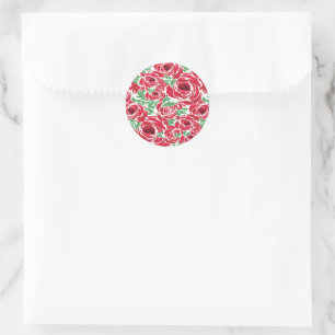 Elegant Vintage Rose Pattern - Red & Green Floral Classic Round Sticker