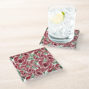Elegant Vintage Rose Pattern - Red & Green Floral Glass Coaster