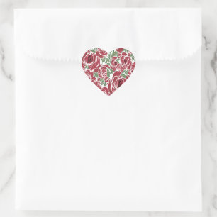 Elegant Vintage Rose Pattern - Red & Green Floral Heart Sticker