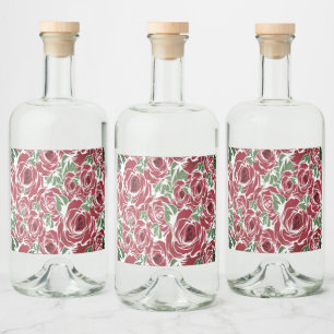 Elegant Vintage Rose Pattern - Red & Green Floral Liquor Bottle Label