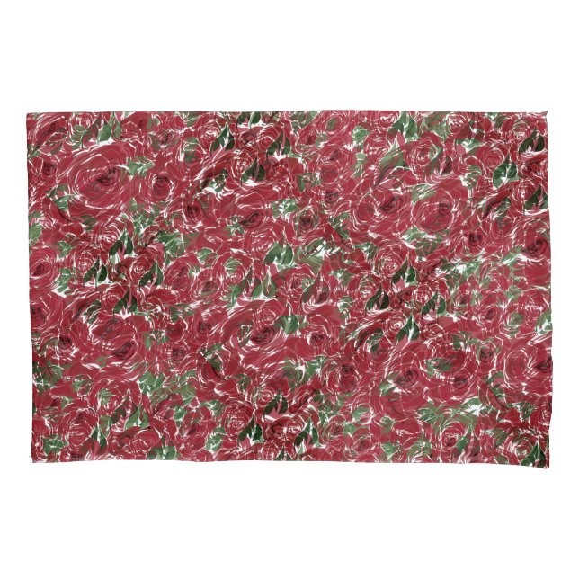 Elegant Vintage Rose Pattern - Red & Green Floral  Pillowcase (Front-Left)