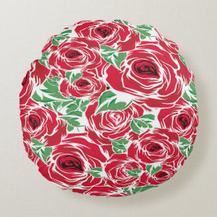 Elegant Vintage Rose Pattern - Red & Green Floral Round Cushion
