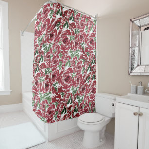 Elegant Vintage Rose Pattern - Red & Green Floral  Shower Curtain