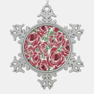 Elegant Vintage Rose Pattern - Red & Green Floral  Snowflake Pewter Christmas Ornament