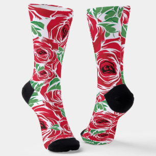 Elegant Vintage Rose Pattern - Red & Green Floral  Socks