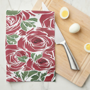 Elegant Vintage Rose Pattern - Red & Green Floral  Tea Towel