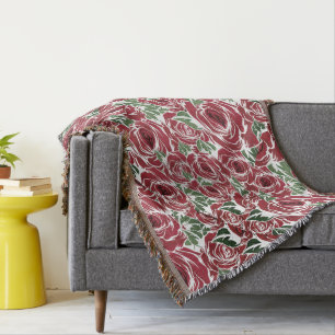 Elegant Vintage Rose Pattern - Red & Green Floral  Throw Blanket