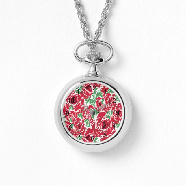 Elegant Vintage Rose Pattern - Red & Green Floral  Watch (Front)