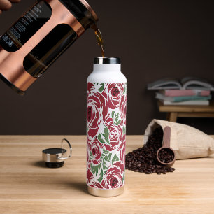 Elegant Vintage Rose Pattern - Red & Green Floral  Water Bottle