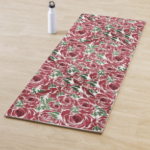 Elegant Vintage Rose Pattern - Red & Green Floral  Yoga Mat