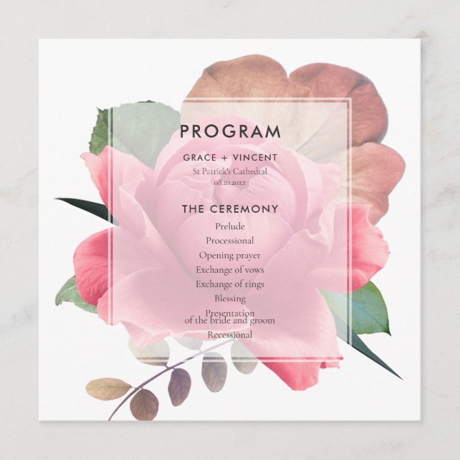 Elegant vintage rose wedding programme (Front)