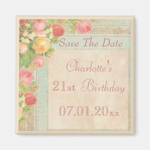 Elegant Vintage Roses 21st Birthday Save The Date Magnet