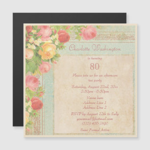 Elegant Vintage Roses 80th Birthday Party Magnetic Invitation